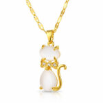 18K gold necklace with cat-shaped white stone pendant and crystal bow