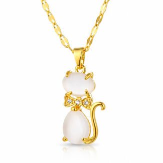 18K gold necklace with cat-shaped white stone pendant and crystal bow