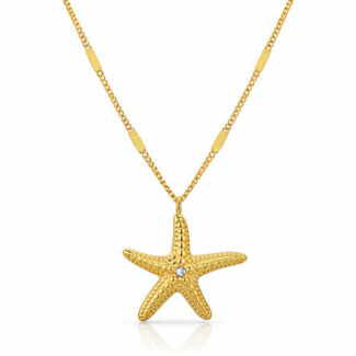 18K gold starfish pendant necklace with gemstone accent on gold chain