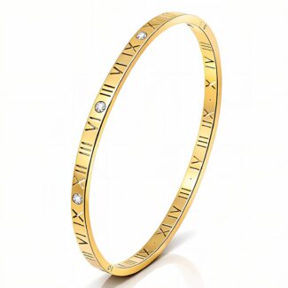 Gold bangle bracelet with Roman numerals and cubic zirconia accents