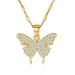18K gold butterfly pendant necklace with sparkling stones on a gold chain