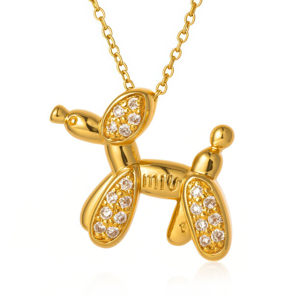 18K gold balloon dog pendant necklace with crystal accents